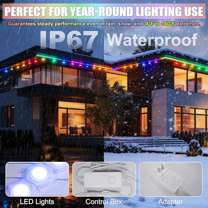 Permanent Outdoor Lights ASTRAEA 100ft RGBW Smart Eaves Lights with APP &amp Remote Control IP67 Waterproof LED Roof Lighting DIY Scenes Modes for House Roof Decor Christmas Party Holiday and D
