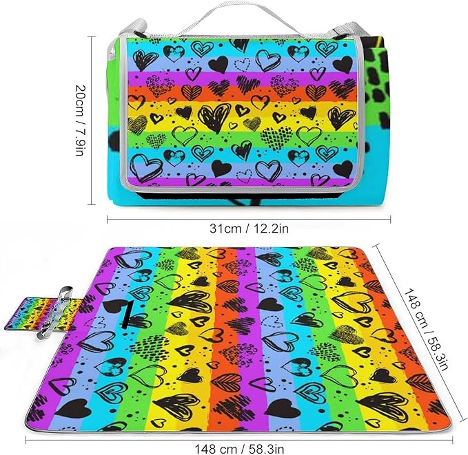 Gay Pride Rainbow Love Hearts Waterproof Outdoor Picnic Blanket Sandproof Beach Mat for Camping Hiking Grass Travelling