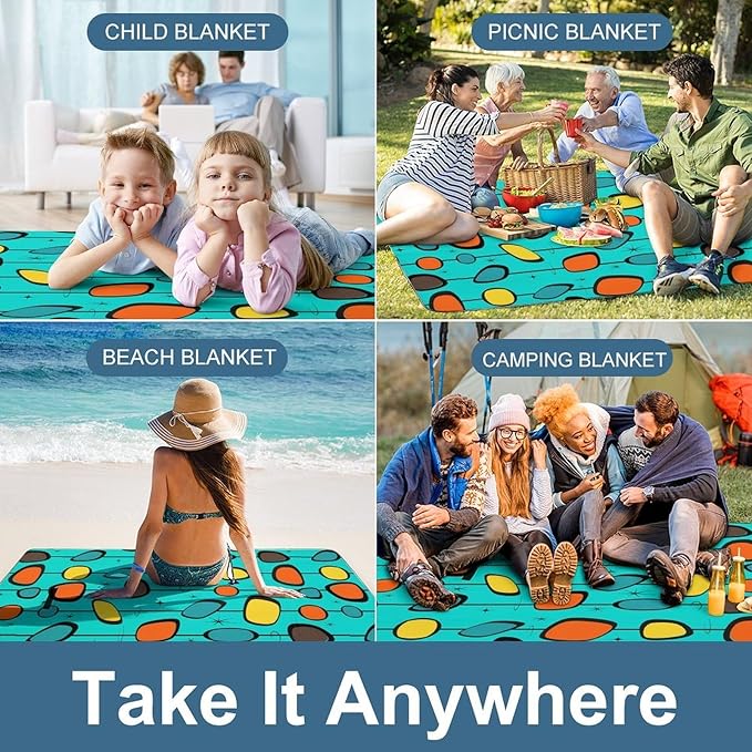 Mid Century Modern Atomic Turquoise Waterproof Outdoor Picnic Blanket Sandproof Beach Mat for Camping Hiking Grass Travelling