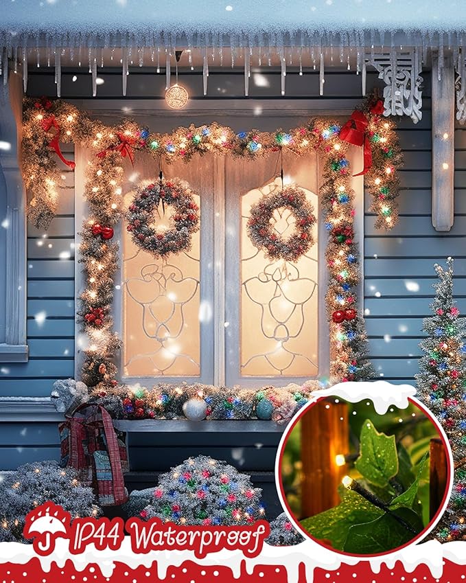 Minetom Christmas Tree Lights 66ft 200 LED Outdoor Christmas Lights with Remote 8 Modes String Lights Plug in with Timer for Outside Party Decor Warm White &amp Multicolor