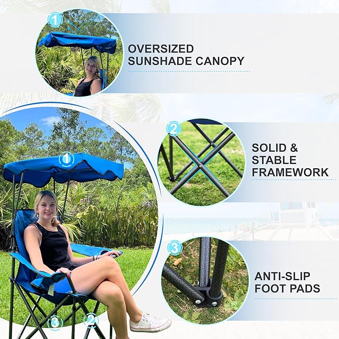 LET'S CAMP Camp Chair with Shade Canopy Folding Camping Recliner Chair with Carry Bag for Outdoor Camping Hiking Beach Heavy Duty 350 LBS