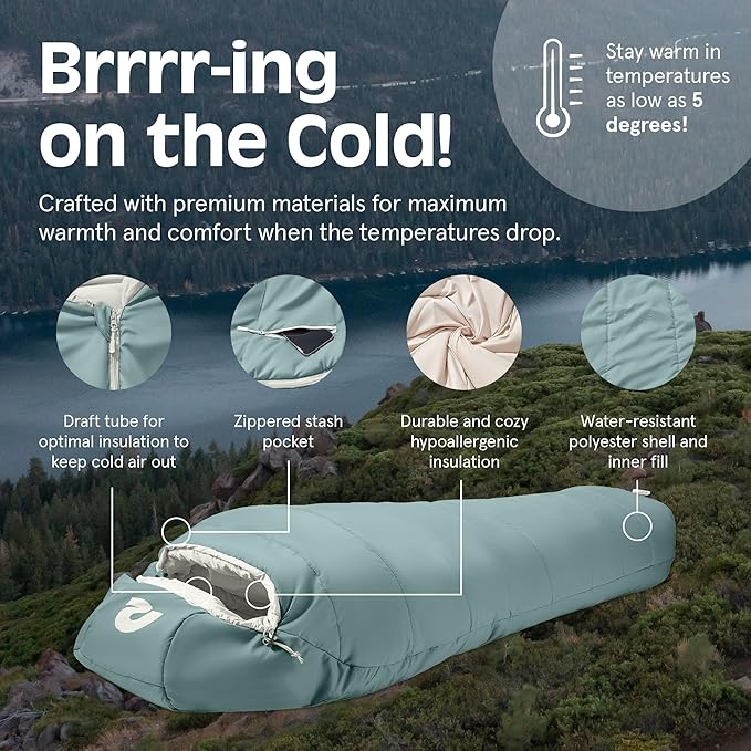 Retrospec Dream Mummy Sleeping Bag - 5 15 &amp 30°F Cold Weather Camping &amp Travel Essential Gear with Water - Resistant Shell &amp Synthetic Fill - Zippered Pocket &amp Stuff Sack