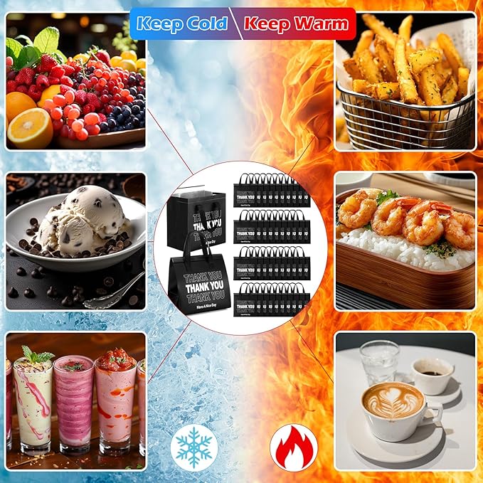 Aliceset 80 Pcs Thank You Insulated Bags for Food Delivery Bulk 9.5 x 9.5 x 6 Inch Thermal Insulation Bag for Cold and Hot Food for Travel Pizza Coffee Milk Catering Restaurant Picnic (Black)