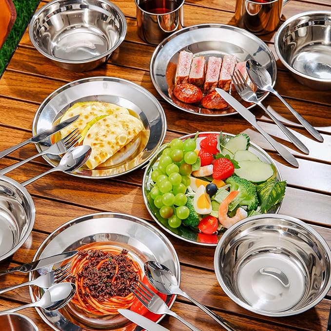 Odoland 29pcs Stainless Steel Utensils Camping Mess Kits with Bowls Plates Cups Forks Spoons and Knives for 4 Cutlery Flatware Set for Backpacking Outdoor Camping Hiking and Picnic