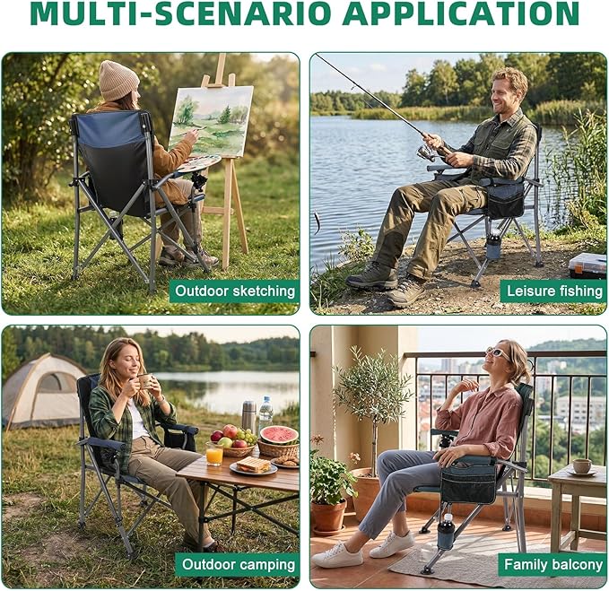 New Folding Fishing Chair with Rod Holder 150Kg Heavy Duty All Terrain Chair with Side Pocket Cup Holder Portable Adults Armchair for Outdoor Camping Garden Beach Lawn Picnic MB &amp B