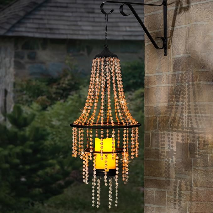 Hanging Candle Chandelier Outdoor Battery Operated Clear Acrylic Beaded Chandelier with Flickering Led Candle Light S Hooks Modern Lantern for Garden Yard Patio Gazebo Room Indoor Decorations 28”H