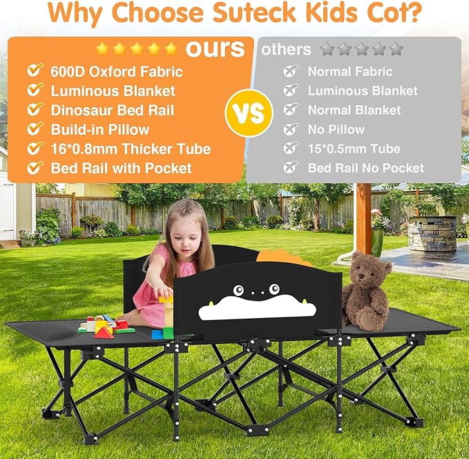Suteck Kids Camping Cot Comfortable Toddler Cot Bed Easy to Store and Use Portable Sleeping Cot with Guardrail Lightweight Bed for Outdoor Indoor Home