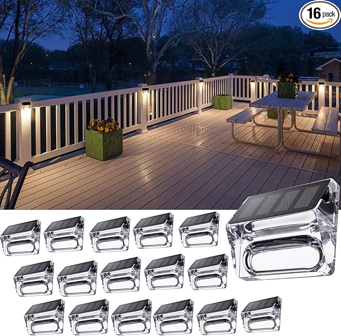 Solar Outdoor Lights 16 Pack Solar Fence Deck Lights Waterproof Solar Powered Outside Lighting for Step Railing Wall Pool Stair Yard Garden Patio Pool Decorations (Warm White)