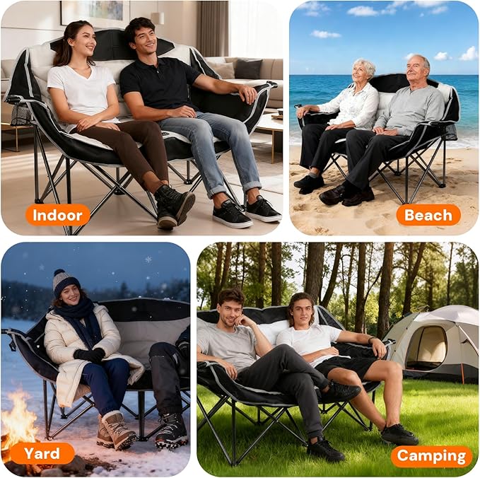 Double Camping Chair Adults Oversized Padded Camping Chair Outdoor Folding Chair loveseat Camping Chair with Cup Holders Outdoor Lawn Backyard (Black/Grey)