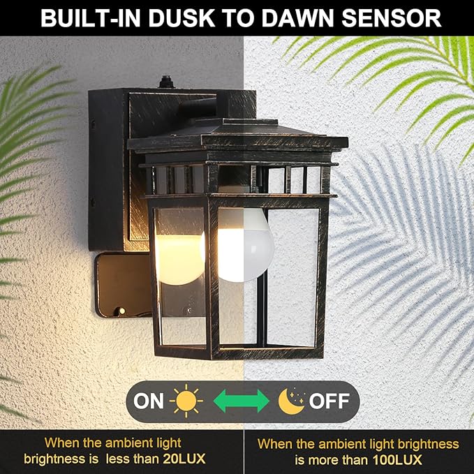 Outdoor Wall Lantern with GFCI Outlet Dusk to Dawn Outdoor Lighting with Clear Glass Shade Waterproof Outside Porch Lights for House Garage Front Door Bulb Included (Black with Brushed Gold)