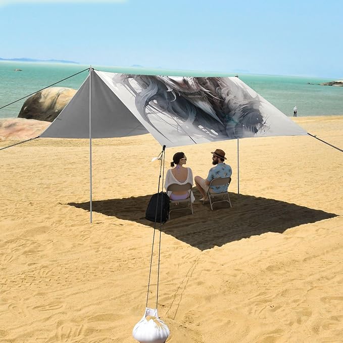 Line Dragon Beach Tent Sun Shelter 9.2' x 10.5' Beach Canopy with 4 Sandbags 4 Stability Poles Sand Shovels - Tent Canopy for Beach Camping Fishing Picnics