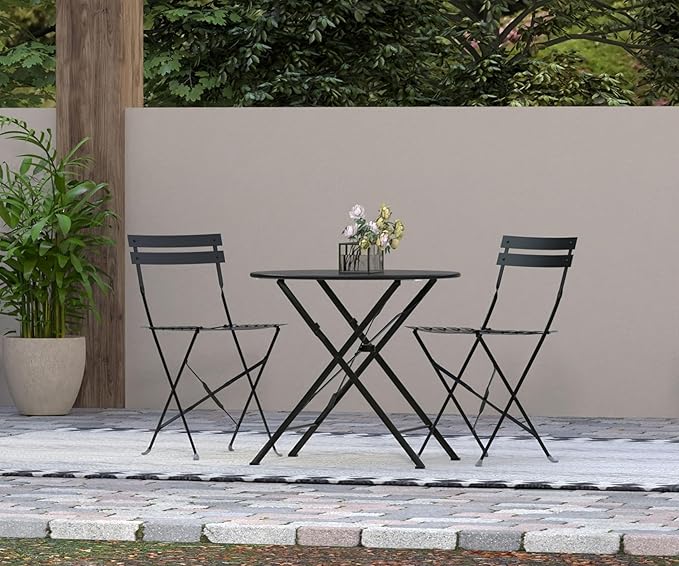 Carolina Chair &amp Table Bistro Set of 2 Foldable Outdoor Chairs - Elegant Powder Coated Metal Seat and Frame Folding Chairs - Modern Style Space Saving Furniture for Patio Balcony or Garden (Black