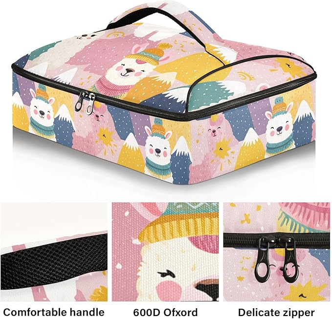 Casserole Carrier Likable Alpacas PrintInsulated Casserole Carrier for Hot or Cold Food Thermal Lunch Tote for Potluck Parties Picnic Beach Fits 9 x 13 Inches Baking Dish