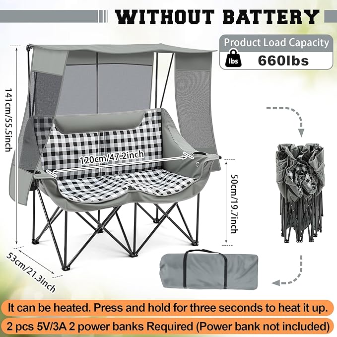 Double Camping Chair with Canopy Shade Oversized Folding Loveseat with Roof 660lbs Heavy Duty Outdoor Lawn Chair with Holders Pocket for Camping Fishing (Heating Zones for Cool Evenings)(Gray Plaid)