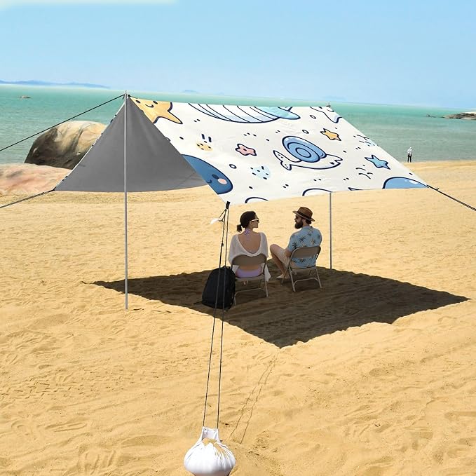 Cute Line Whales Little Stars Shells Camping Sun Shelter Beach Tent Portable Beach Sun Shade Outdoor Canopy for Camping Trips Fishing Picnic