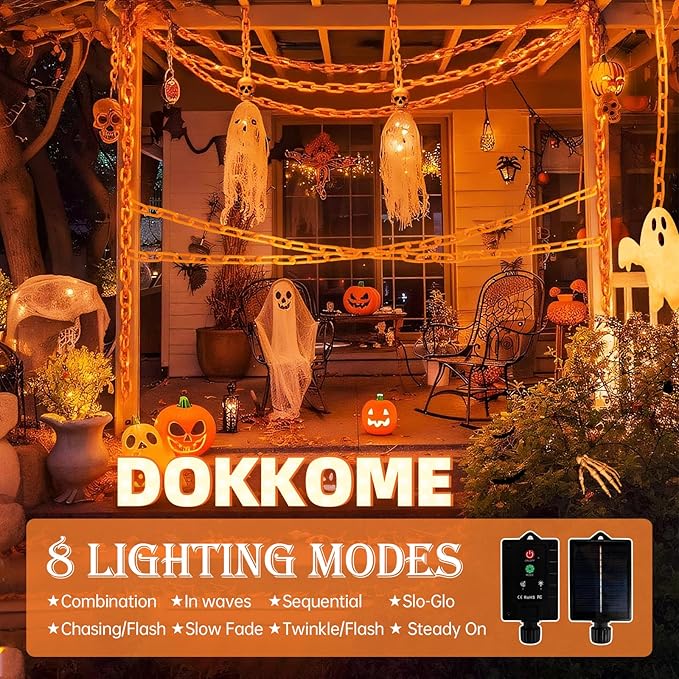 Solar Halloween Chain String Lights Decoration Upgraded 10Ft 160LED Orange Plastic Lights with 8 Lighting Modes for Indoor Outoor Halloween Party Cosplay Haunted House Spooky Decor