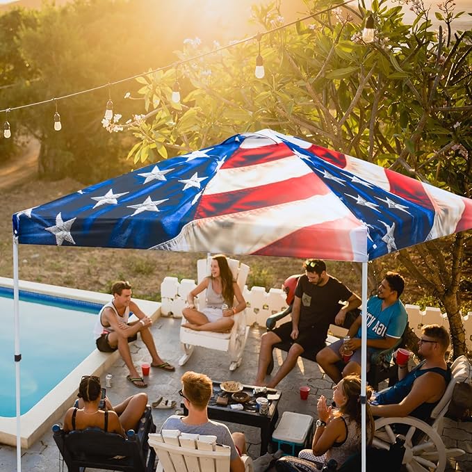 EAGLE PEAK Pop Up Canopy Tent with Wheeled Carry Bag 8 Stakes 4 Ropes 4 Weight Bags Easy Set Up Tent Canopy 10x10 ft 100sqft of Shade Stars and Stripes