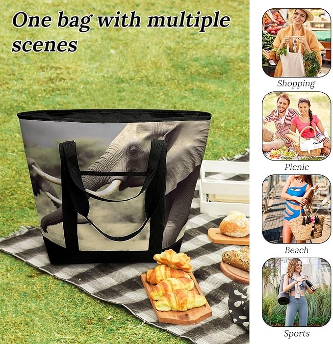 Insulated Shopping BagLarge Reusable Cooler Bags Elephants Animals Printed Foldable Shopping BagTravel Waterproof Shoulder Bag