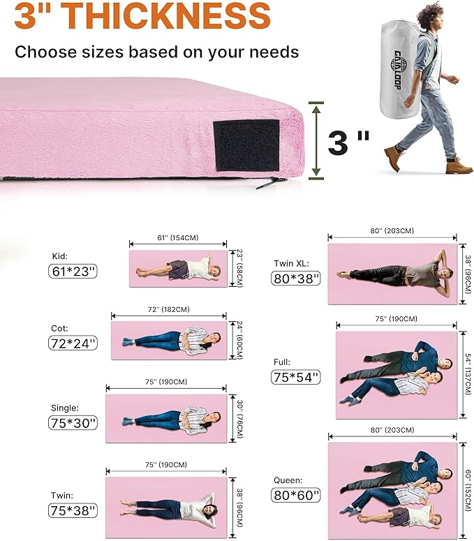 3 Inch Memory Foam Camping Mattress Dual Layer Thick Sleeping Camp Pad for Car Tent Cot Roll-Up Portable Glamping Floor Bed for Guests Sleepover