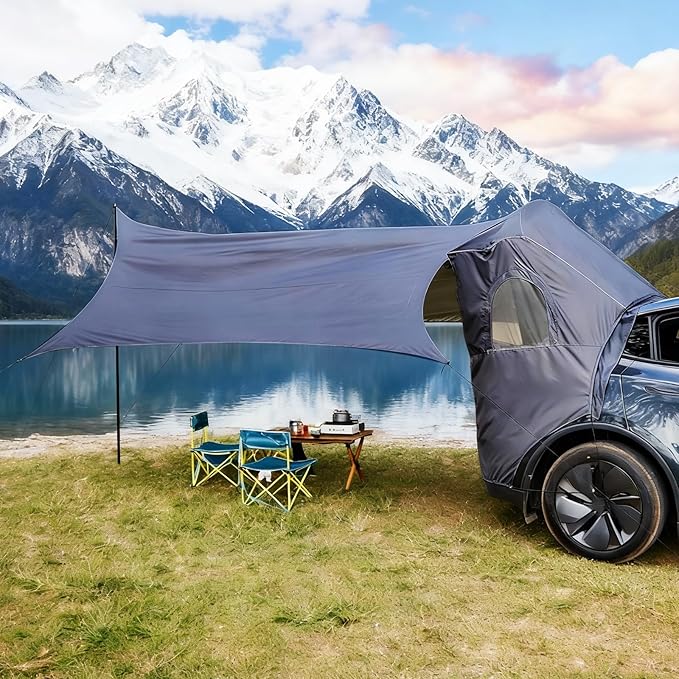 Camping Tent with Canopy for Tesla Model Y Juniper Accessories 2025 2026 [UPF50+ &amp Waterproof PU 3000mm] 420D Oxford Fabric Car Tailgate Shade Awning with Screen Net for 7-8 Person - Grey
