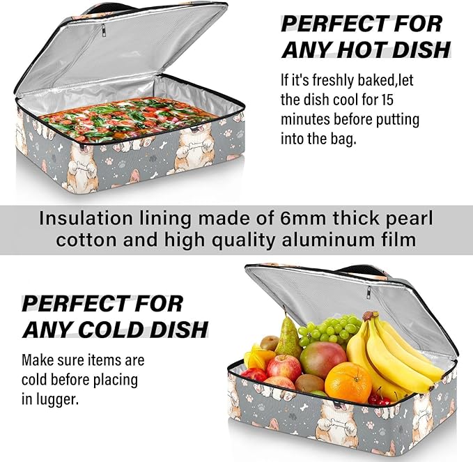 Casserole Carrier Cute Cartoon Dog FaceInsulated Casserole Carrier for Hot or Cold Food Thermal Lunch Tote for Potluck Parties Picnic Beach Fits 9 x 13 Inches Baking Dish