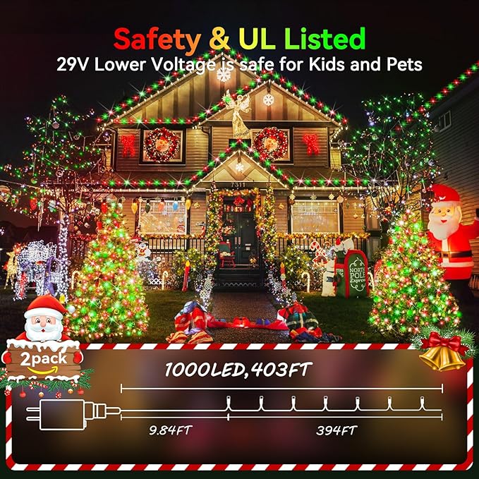 Hezbjiti 2 Pack 1000 LED 403 FT Christmas String Lights Outdoor 8 Lighting Modes IP44 Waterproof Fairy Lights with Timer and Dimmable Function for Party Tree Decorations (Red+Green Clear Wire)