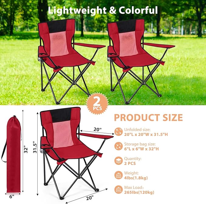Shellwei 2 PCS Folding Camping Chair with Cupholder and Carry Bag Regular Size Colorful Breathable Portable Lightweight Lawn Chair with Side Pocket for Fishing Hiking Beach Outdoor Activity