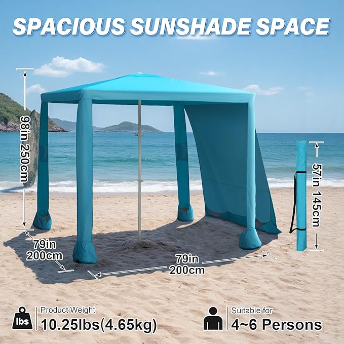 Beach Cabana-6.6x6.6’Beach Canopy with Side WallPortable Umbrella Tent with Sand Pockets for Family &amp FriendsEasy Up Beach Sun Shelter for Outdoor PatiosBackyardsand CampingBlue