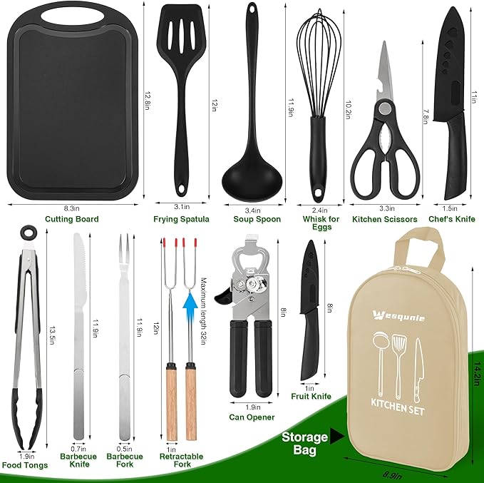Camping Essentials Cookware Cooking Utensils Set - Portable Camp Kitchen Mess Kit Outdoor Accessories Stainless Steel &amp Silicone Camping Gear Equipment for RV Picnic Grill Khaki