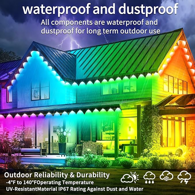 400ft Permanent Outdoor Light RGB Smart Outdoor eave Lights with APP &amp Remote Controltimed Music synchronisation IP67 Waterproof LED eave LightSuitable for PartyHalloweenChristmasRooftopGar
