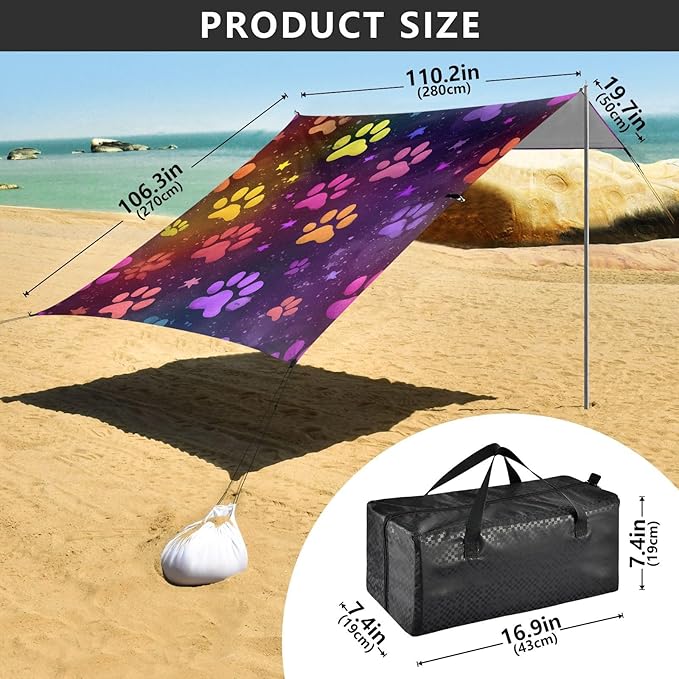 ALAZA Colorful Paw Print Stars Beach Tent Sun Shelter UPF50+ Protection Beach Shade Canopy w/ 4 Sandbags for Outdoor Camping Fishing Backyard Fun Picnic 10x9 ft