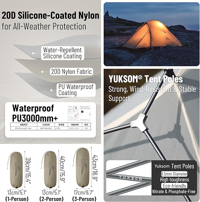 Naturehike Cloud up Pro Camping Tent 1/2/3 Person Ultralight Tents 3 Season Backpacking Tent Waterproof for One Man Self-Standing Easy Setup for Cycling Outdoor Camp