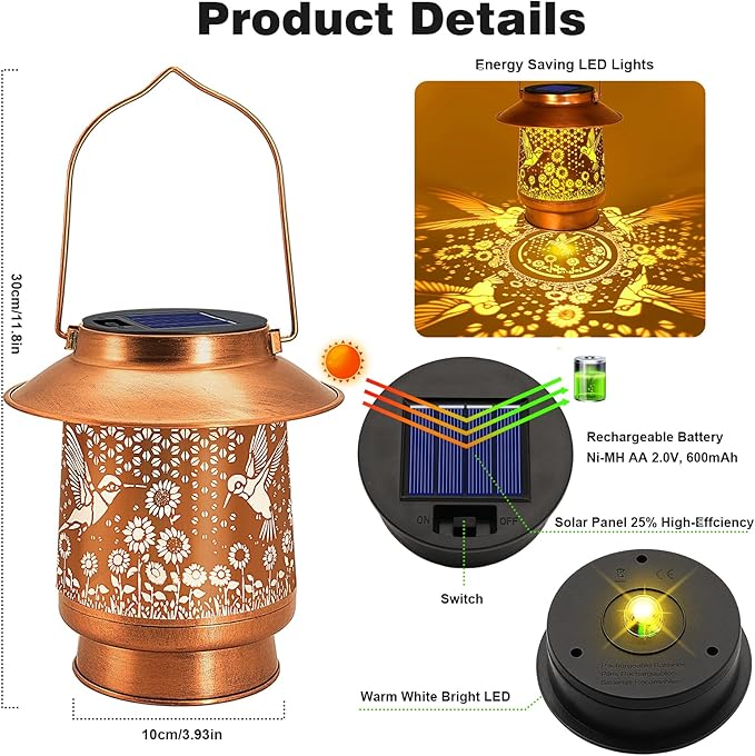 Hummingbird Solar Lanterns Outdoor Waterproof Birthday Gifts for Women Mom Grandma Metal Solar Hanging Lights Garden Decor for Yard Patio Lawn Pathway Landscape