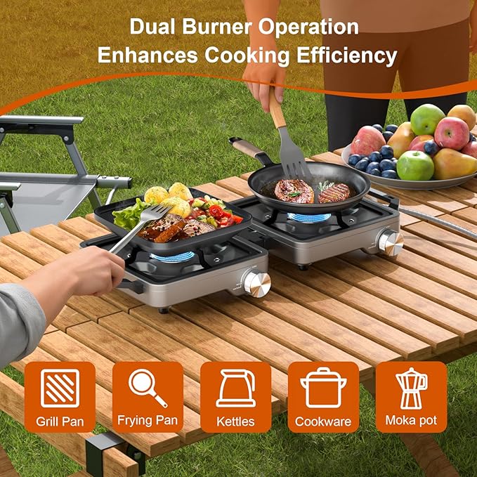 27000 BTUs 2 Burner Camping Stove with Windshield Portable Propane Burner Camp Stove with Adjustable Burners &ampCarring Bag Camping Essentials for Tailgating BBQ