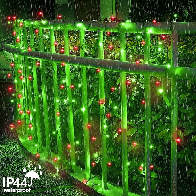 YEGUO Christmas Lights Battery Operated 2 Pack Each 33ft 100 LED Red and Green String Lights Outdoor Waterproof 8 Modes Green Wire Fairy Light Indoor with Remote