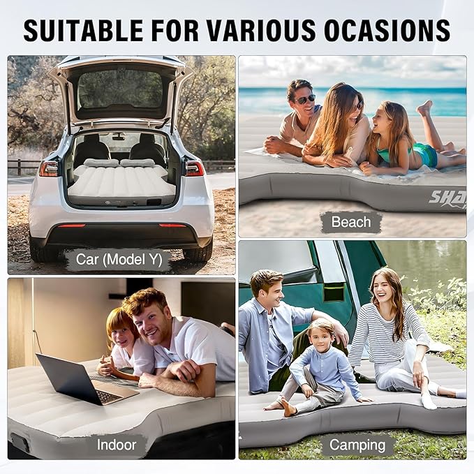 Shademax Self-Inflating Car Air Mattress for Model Y 2025 2024-2020 / Model Y Juniper 2026 Accessories Outdoor Camping Air Bed with 2 Pillows Built-in Pump Air Couch Flocking Air Cushion (Beige&ampGr