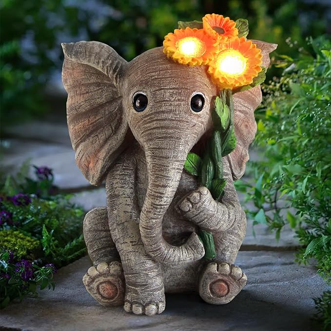 Outdoor Sculpture Figurine Statue Elephant DecorSolar Garden Statues for Patio Home Yard DecorGood Luck Sunflower Elephant for Women Mom Gifts Housewarming Gift