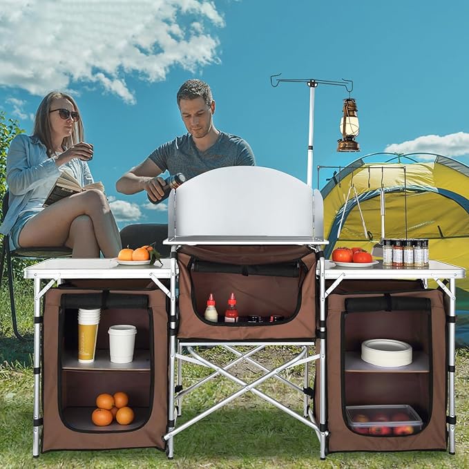 VEVOR Camping Kitchen Table Folding Outdoor Cooking Table with Storage Carrying Bag Aluminum Cook Station 3 Cupboard &amp Detachable Windscreen Quick Set-up for Picnics BBQ RV Traveling Brown