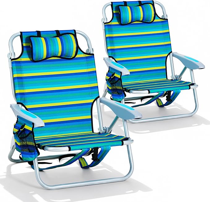 2PCS Portable Beach Chair for Adults Outdoor Lightweight Camping Chair 5-Position Lay Flat Reclining Backpack Beach Chair with Headrest Cup Holder Zipper Pouch &amp Storage Pocket Striped