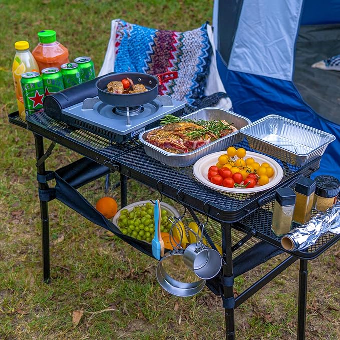 Portable Folding Grill Table Lightweight Height AdjustableCamping Picnic Table with Mesh Desktop and Mesh Bag for Outdoor for PicnicCampingBBQBeach (3.8 * 1.3FT)