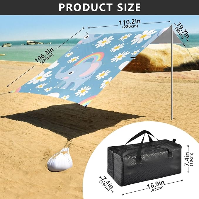 Cute Little Elephant Little Rainbow Camping Sun Shelter Beach Tent Portable Beach Sun Shade Outdoor Canopy for Camping Trips Fishing Picnic