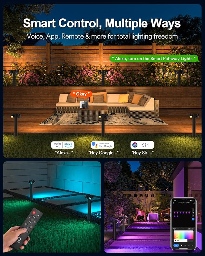 Lumary Smart Pathway Lights Pro 700LM RGBAICW Color Changing Landscape Lights with 8 Adjustable 355° Spot Lights IP65 Waterproof 48FT Wired Outdoor Landscape Lighting WiFi APP/Voice/Remote (4 Pack)