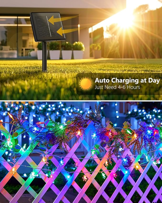 Brightown Solar Christmas Snowflake String Lights 72FT 200 LED Outdoor Waterproof Fairy Lights with 8 Lighting Modes for Wedding Party Tree Room Garden Patio Yard Home Muliticolor