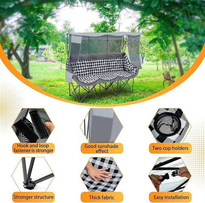 3 Person Camping Chair with Canopy Shade 700lbs Heavy Duty Oversized Beach Camping Chair with Thick Cushion Cup Holder and Carry Bag Foldable Portable Sofa for Lawn Beach Outdoor(Gray)