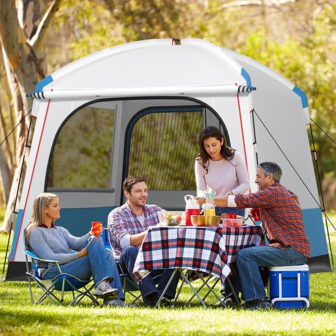 Goplus 3-5 Person Camping Tent Portable Cabin Shelter w/Large Double-Layer Mesh Front Door Mesh Screen Windows Carry Bag Waterproof &amp Windproof Large Family Tent for Backpacking Hiking Trip
