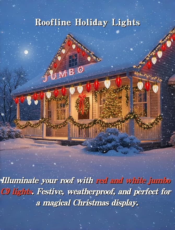 16FT Outdoor Christmas DecorationsJumbo Red and White Giant Christmas Lights Outdoor with 10 LED Clear Red and White Bulbs for Tree Holiday Home Roof Yard Garden Decorations