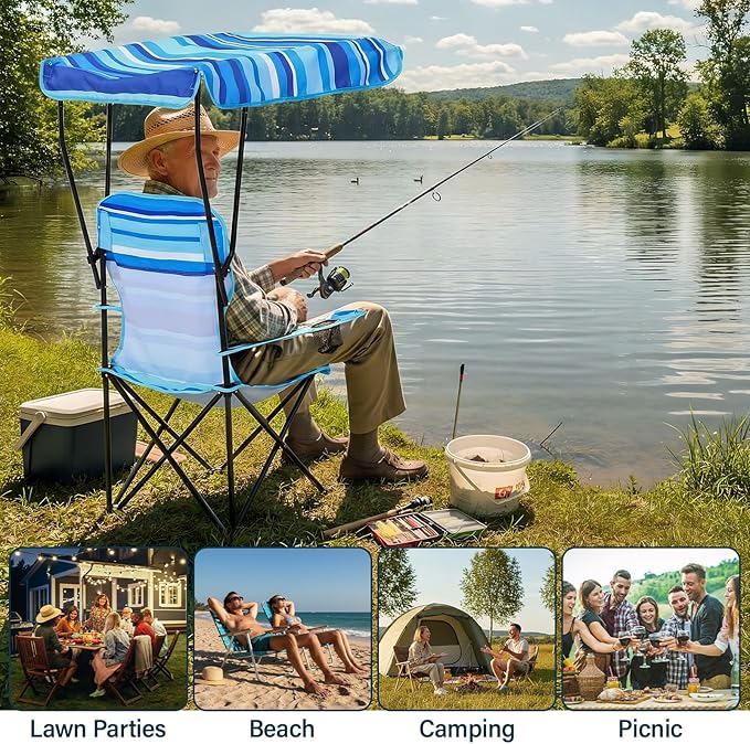 2 Pack Beach Chair with Canopy Shade Folding Camping Chairs with Canopy Portable Weather Resistant Lawn Chair with Cup Holder for Camping Beach Travel Picnic Fishing Sports