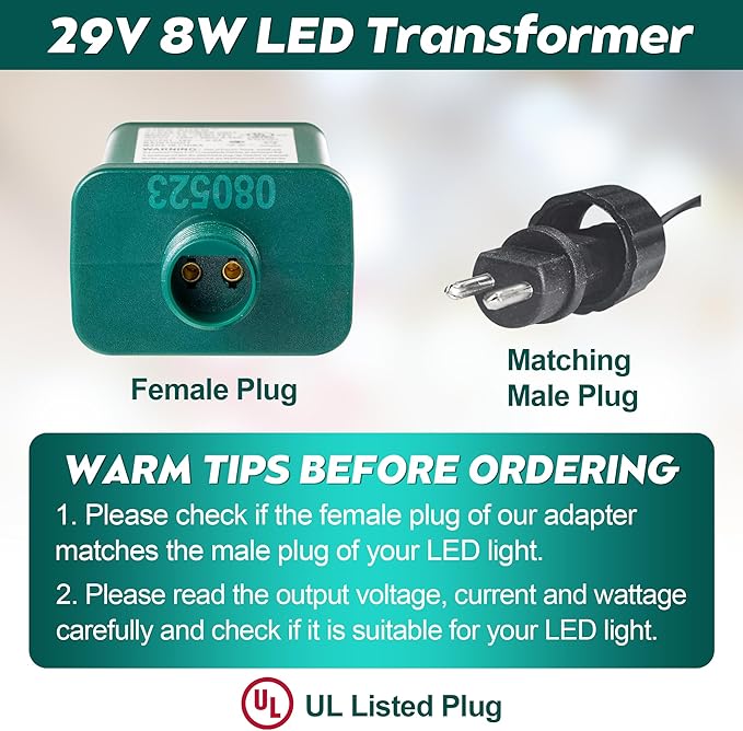 Enhon 29V LED Power Supply UL Certification LED Transformer Replacement Class 2 Power Supply Low Voltage Transformer US Plug Adapter for Christmas Tree Light Green Right Positive(TS-8W29V)