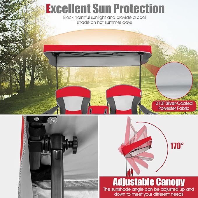 Tangkula Loveseat Camping Chair with Adjustable Shade Canopy Portable Beach Chair with Cooler Bag 2 Cup Holders Carrying Bag Foldable Double Lawn Chair for Travel Fishing Picnic (Red)