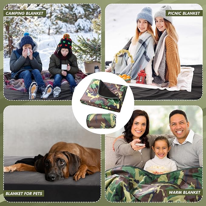 Preboun 4 Pack Large Waterproof Stadium Blankets Thick Warm Fleece Picnic Camping Blankets for Cold Weather Football Games Concerts Beach Outdoor Activities Homeless Donations(Camouflage)